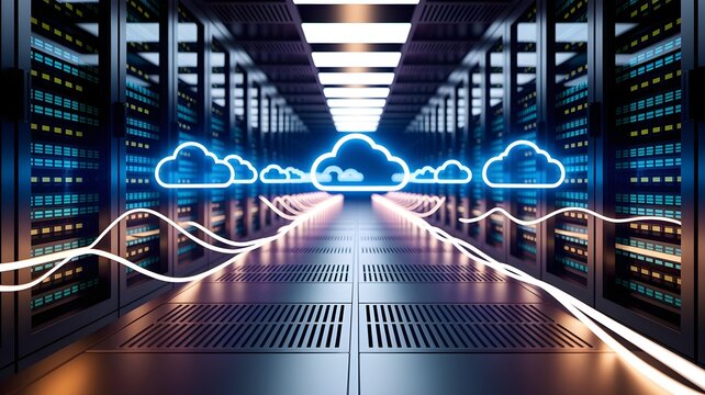 Vibrant data center with glowing blue cloud icons and digital data lines, symbolizing advanced cloud computing and network infrastructure
