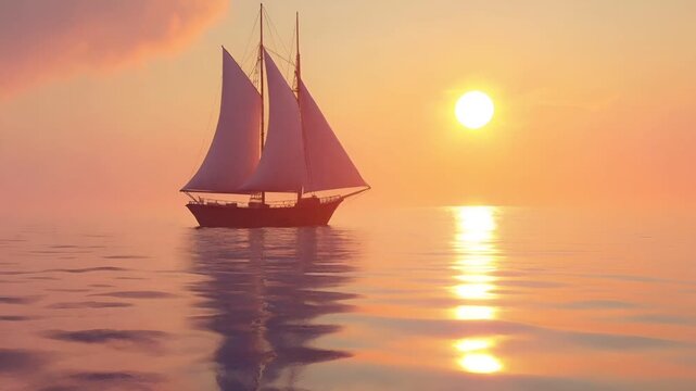 sailboat with white sails against a sunset sky with a gradient of orange and pink hues.