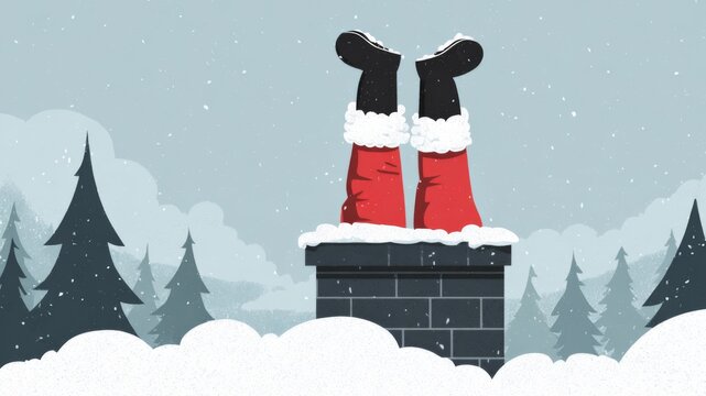 Merry Christmas xmas holiday celebration background, funny greeting card illustration- Santa Claus with his head stuck in the chimney, blue sky with snow snowflakes