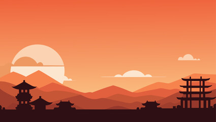Obraz premium Silhouette landscape with mountains and buildings