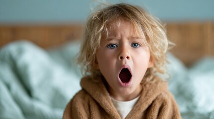 This image features a young child yawning with a sleepy expression, capturing the innocence and charm of childhood in a cozy and comforting bedroom environment.