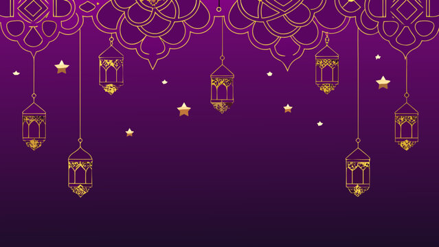 Golden lanterns and stars on a purple background