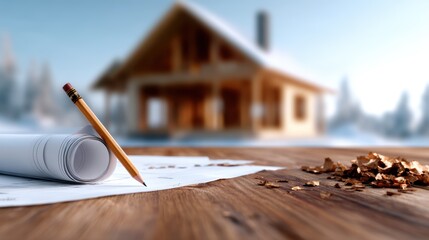 An image focusing on architectural blueprints, a pencil, and wooden shavings on a table, set against the backdrop of a partially blurred house for construction concepts.