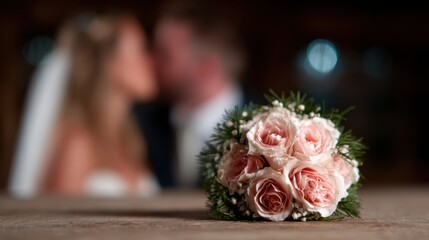 A beautiful wedding bouquet featuring delicate pink roses is prominently displayed in the foreground with a romantic blurred couple in the background creating a dreamy aesthetic.