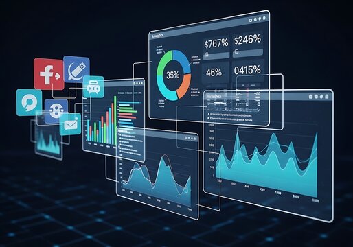 Digital dashboards displaying data analytics and social media icons on a dark background.