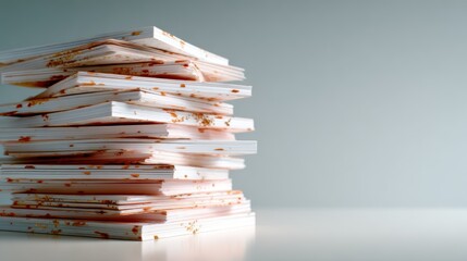 A visually striking composition of stacked papers stained with red spills, metaphorically representing the chaotic and creative nature of the artistic process.