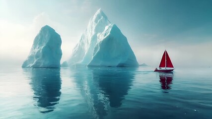 A vivid portrayal of a sailboat with a striking red sail, set against a serene backdrop of a calm sea and towering icebergs.