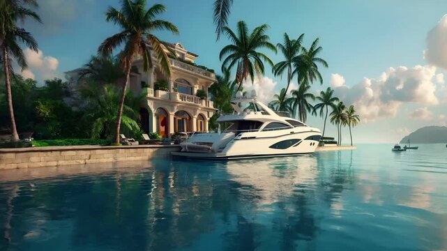Aerial view of luxurious yacht in clear turquoise waters near shoreline with boats and buildings in the background. The yacht is white with a sleek design, and it is positioned in the foreground.