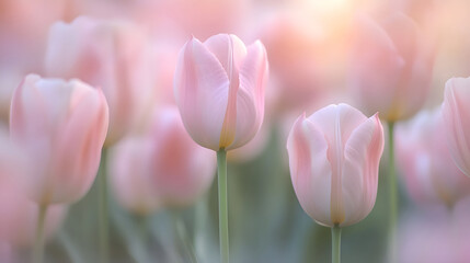 Fototapeta premium Soft Pink Tulips in a Blurred Garden Setting