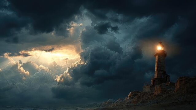 A lighthouse on a jagged coast under a dramatic stormy sky, with sun rays piercing through dark clouds. Concept Lighthouse on jagged coast, Stormy sky, Sun rays piercing clouds, Moody seascape - Powered by Adobe