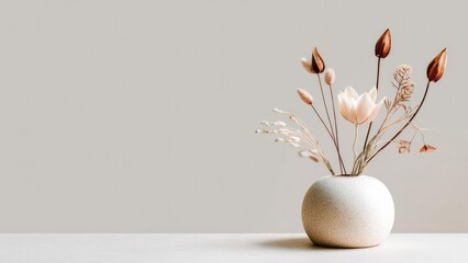 A round speckled vase with dried flowers on a pale tabletop against a neutral beige background. Concept Round speckled vase with dried flowers, Pale tabletop, neutral beige backdrop