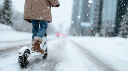An adventurous scene capturing a person riding an electric scooter through a snowy city, highlighting the joy and challenges of winter mobility in urban environments.