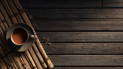 Overhead View of a White Mug of Orange Beverage on Brown Wooden Table