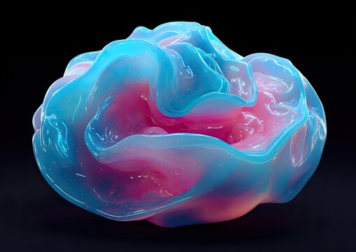 Abstract, iridescent blob with translucent, swirling layers of pink and blue