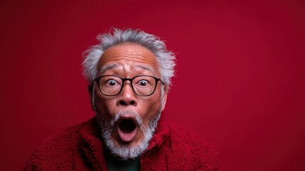 An older man displays a look of surprise and awe, capturing genuine human emotion and expression against a deep red backdrop that amplifies his reaction.