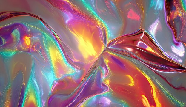 Abstract, iridescent, glossy folds and layers, vibrant colors reflecting light