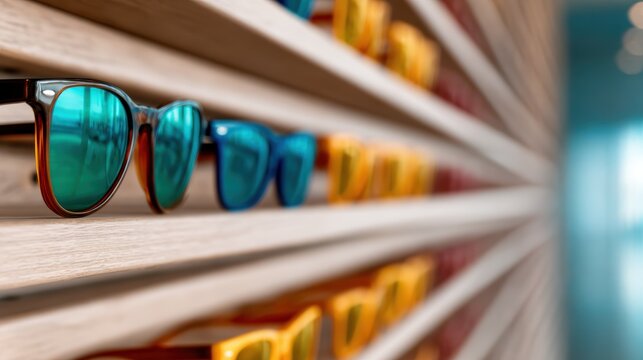 A stylish showcase of sunglasses in vibrant colors displayed on modern shelving, symbolizing fashion, summer vibes, and personal style in an appealing way.