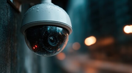 A close-up of a security camera mounted on a wall, capturing the essence of surveillance in urban settings while water droplets add a touch of realism and mood.