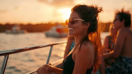 A woman with sunglasses on a boat during sunset, with the sun casting a warm, golden hue over the scene. She is wearing a black swimsuit and has a tattoo on her neck.
