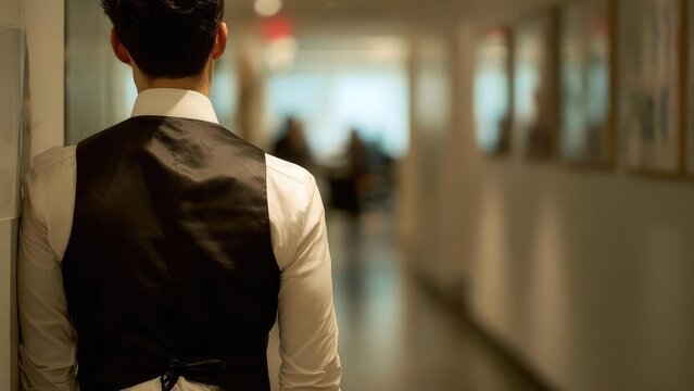 Back view of a waiter wearing a white shirt and black vest standing in a dim hallway. Concept Back view of waiter, Uniformed staff, Dim hallway ambiance, Low light setting, Restaurant service scene