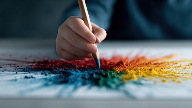 A child's hand intricately creates a colorful design using a pencil, representing creativity and imagination while highlighting innocence and artistic expression on paper.