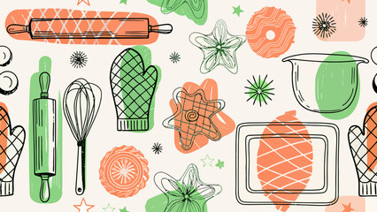 Delightful baking themed pattern with rolling pins, oven mitts, and cookie cutters for culinary projects