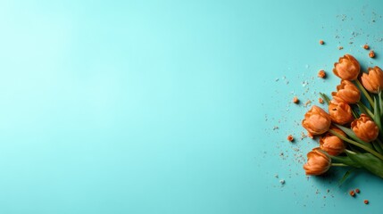 A stunning arrangement of delicate orange tulips lay gracefully on a soft blue background, symbolizing beauty, tranquility, and the arrival of spring's colorful blooms.