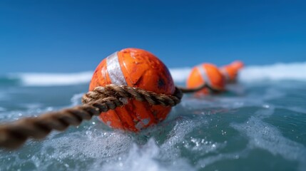 A vibrant image showing orange floating buoys tethered together in the ocean, indicating safe swimming zones against a backdrop of a clear blue sky.