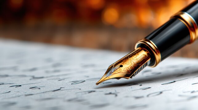 A close-up shot of a luxurious fountain pen poised above elegantly written script on paper, showcasing the intricate details and the art of writing.