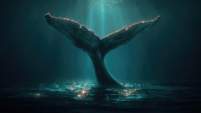 Whale tail fluke rising from the deep, illuminated by sunbeams underwater. Concept Underwater Whale Tail, Sunbeams Through Water, Deep Ocean Landscape, Marine Life Photography