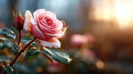 A gorgeous pink rose with dew drops glistening in the soft morning light, capturing the essence of beauty and the fleeting nature of blooming flowers in nature's embrace.