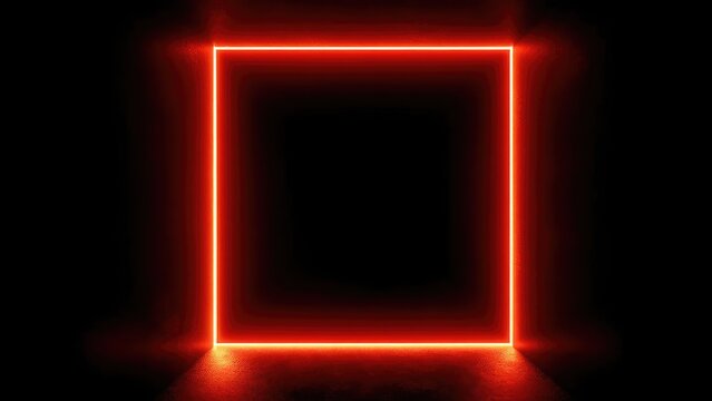 A bright red neon square frame glowing in a dark room. Concept Neon Art Installation, Red Neon Frame, Dark Room Lighting, Glowing Geometric Shape, Ambient Photography