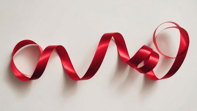 A glossy red ribbon curling and looping across a pale background. Concept Glossy red ribbon, Curling loops, Pale background, Minimalist composition, Red accent - Powered by Adobe
