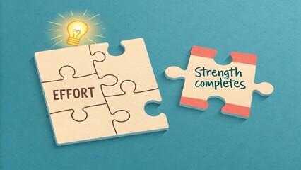Puzzle pieces illustrating effort and completion on blue background