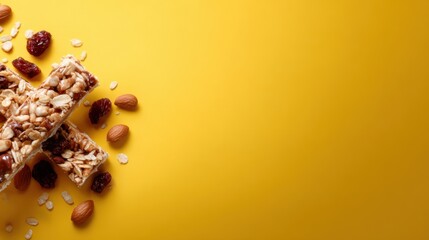 An artistic arrangement of granola bars and nuts on a vibrant yellow background, expressing healthy snacking options and making a colorful statement on nutrition and vitality.