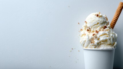 This beautifully styled ice cream treat showcases a creamy scoop topped with flavorful bits, perfect for evoking sweetness and indulgence on a warm day.