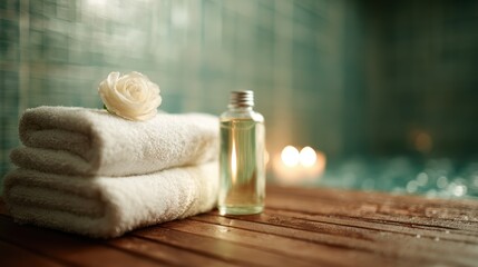 An inviting spa scene featuring fresh towels and a bottle of essential oil, providing a luxurious atmosphere for relaxation and self-care in a calming environment.