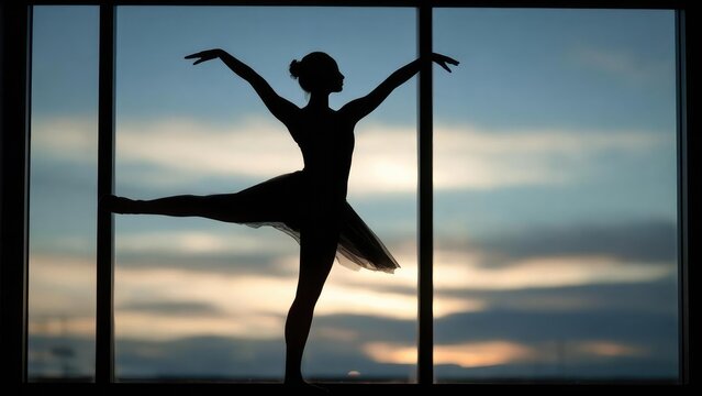 Silhouette of a ballet dancer in an arabesque pose by a window at sunset. Concept Ballet silhouette in arabesque at a sunlit window, Sunset backlighting through the window - Powered by Adobe