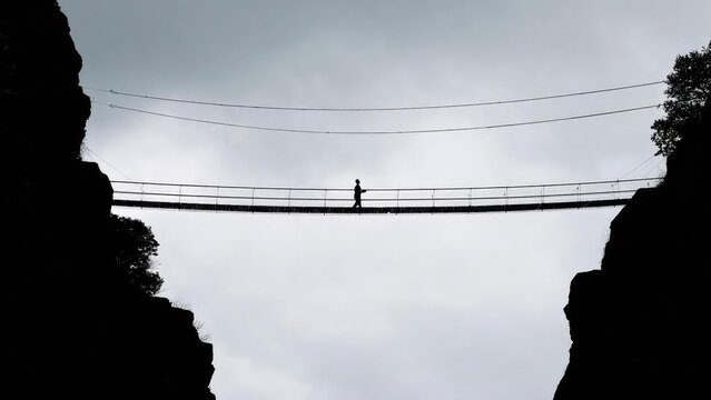 Silhouette of a person walking across a long suspension bridge between two cliffs high above a canyon. Concept Silhouette, Suspension Bridge, Canyon, Cliffside, Dramatic Lighting
