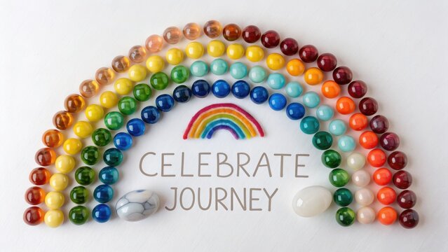 Rainbow made of colorful marbles celebrating a journey