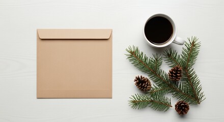 Top view brown envelope with pine branches and cup of black coffee on white wood, concept for Christmas greetings, new year wishes and holiday celebration