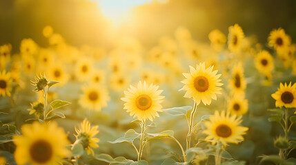 Obraz premium Sunlit Field of Vibrant Sunflowers in Full Bloom