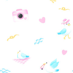 Seagull, Camera Seamless Pattern, Background