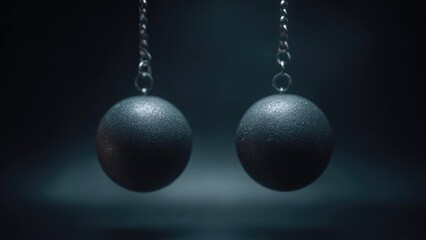 Two dark textured wrecking balls suspended from chains in a dim, moody setting. Concept Industrial still life, Moody lighting, Wrecking balls and chains, Dark textured surfaces, Dramatic composition