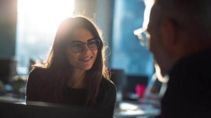 Smiling woman with glasses in a sunlit office, chatting with a colleague. Concept Sunlit office ambience, Glasses-wearing woman, Casual coworker chat, Bright natural light