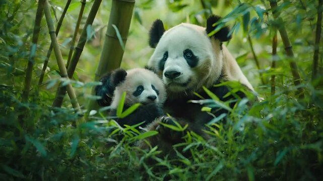 A closeup of a panda and its cub in a bamboo forest setting. The pandas fur is predominantly white with black patches, and its eyes are a striking shade of blue.