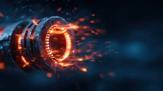 A close-up of a metallic object reveals bright sparks and orange glows, capturing the intense energy of craftsmanship and the beauty of industrial artistry in motion.