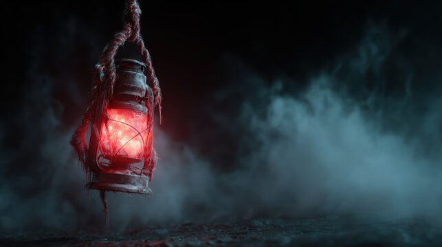 A rustic lantern emits a red glow in a smoky atmosphere, creating an aura of mystery and intrigue that draws the viewer into a world of shadows and secrets.