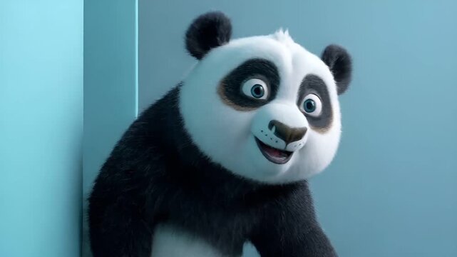 A closeup of a panda bear with a cheerful expression, set against a plain blue background. The pandas fur is predominantly white with black patches, and its eyes are a striking shade of blue.