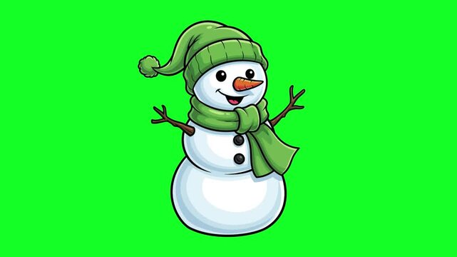 Animated snowman waving hello with a green scarf and hat on bright green screen